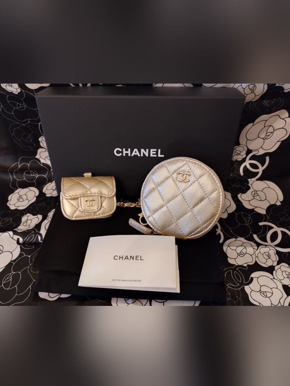 Metallic Gold Quilted Mini Coin And Ear Bud Pouches Duo